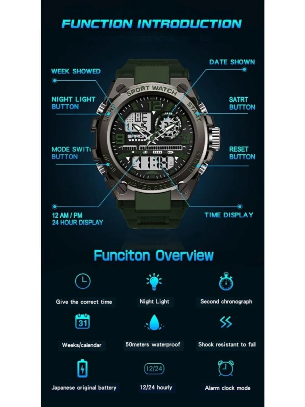 Mens Black Army Green Analog Quartz Sports Waterproof Military LED Digital Watch_6
